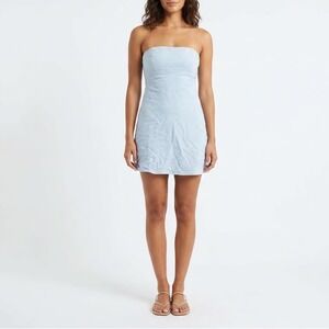 Thanne Light Blue Linen Blend Strapless Smocked Back Mini Dress Womens Size 8